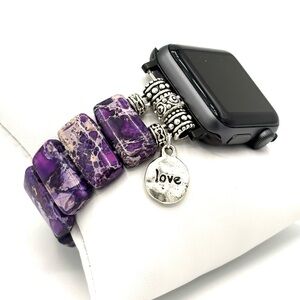 Hand Crafted Apple Purple Marbled Stone Beaded Watch Band with 'Love' Charm
